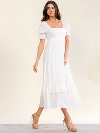 WOMEN'S SHORT PUFF SLEEVE SQUARE NECK CROCHET SMOCK TIERED MAXI DRESS