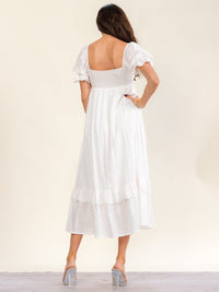 WOMEN'S SHORT PUFF SLEEVE SQUARE NECK CROCHET SMOCK TIERED MAXI DRESS