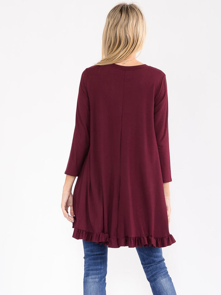 WOMEN'S 3/4 SLEEVES RUFFLE BOTTOM HEM TUNIC HIGH-LOW TOP