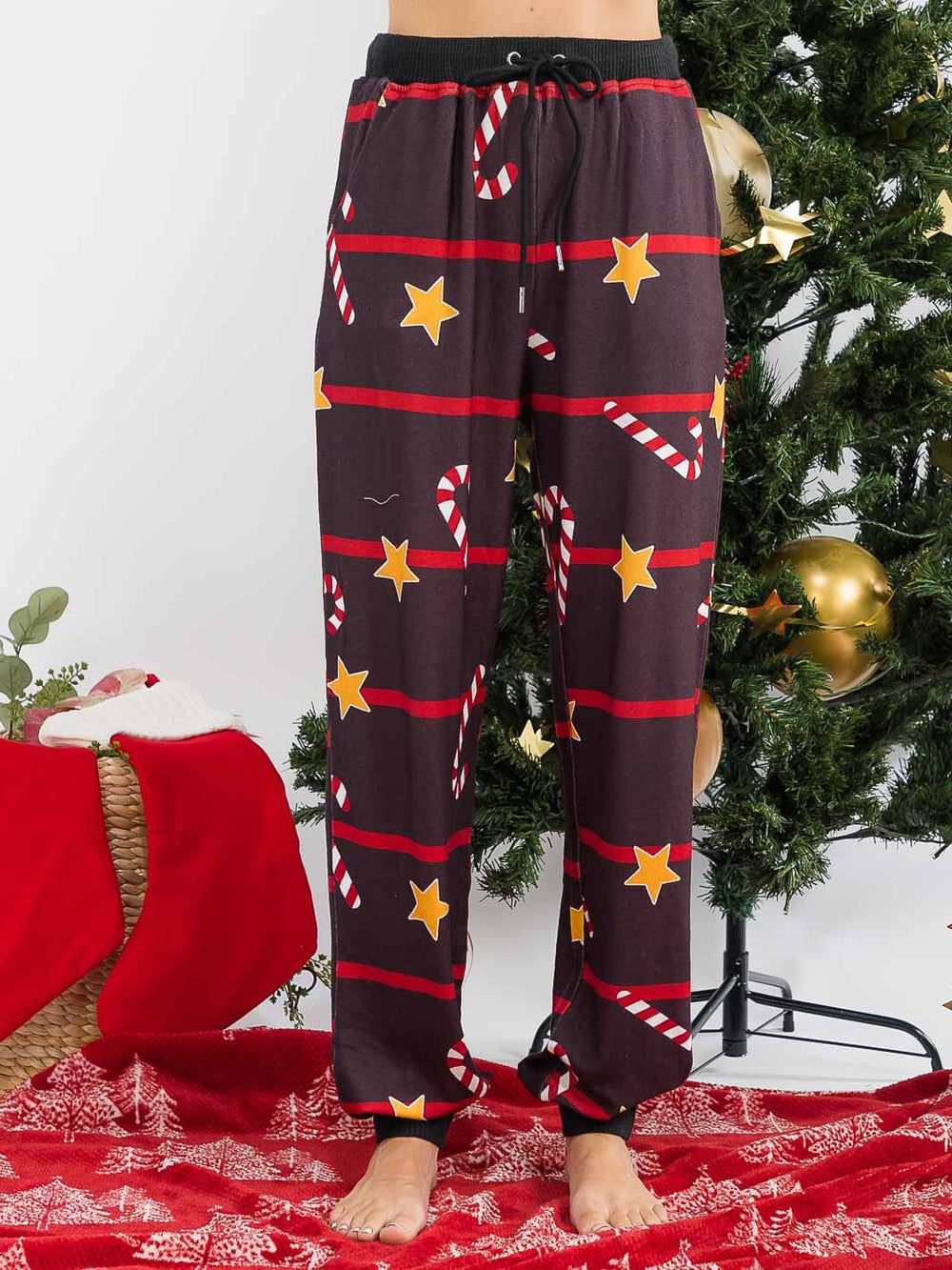 WOMEN'S ELASTIC WAIST FRONT POCKET SELF TIE HOLIDAY PRINT PANTS
