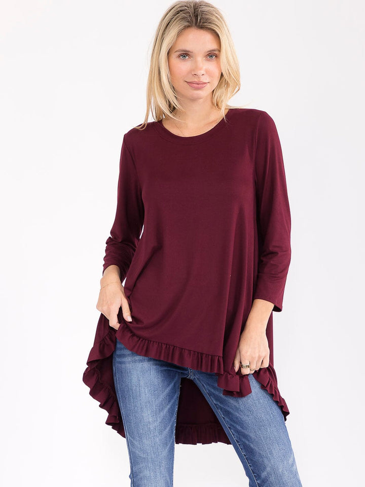 WOMEN'S 3/4 SLEEVES RUFFLE BOTTOM HEM TUNIC HIGH-LOW TOP