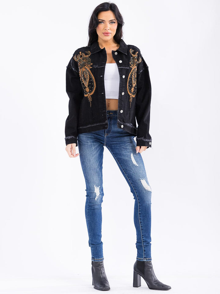 WOMEN'S LONG SLEEVE FRONT POCKETS BUTTON CLOSURE EMBROIDERY STUDS DENIM JACKET