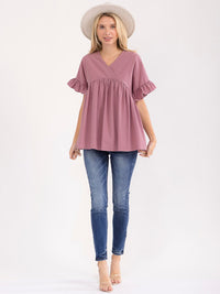 WOMEN'S SHORT SLEEVE SURPLICE TUNIC LINEN BLOUSE