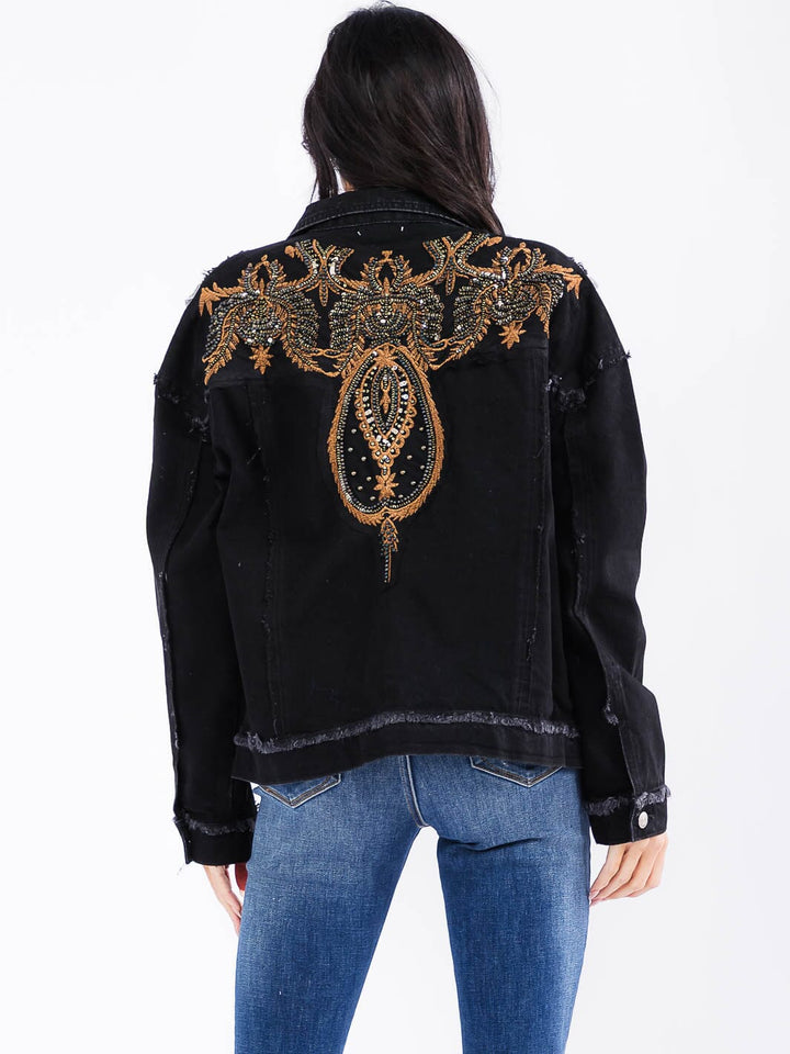 WOMEN'S LONG SLEEVE FRONT POCKETS BUTTON CLOSURE EMBROIDERY STUDS DENIM JACKET