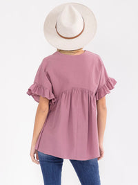 WOMEN'S SHORT SLEEVE SURPLICE TUNIC LINEN BLOUSE