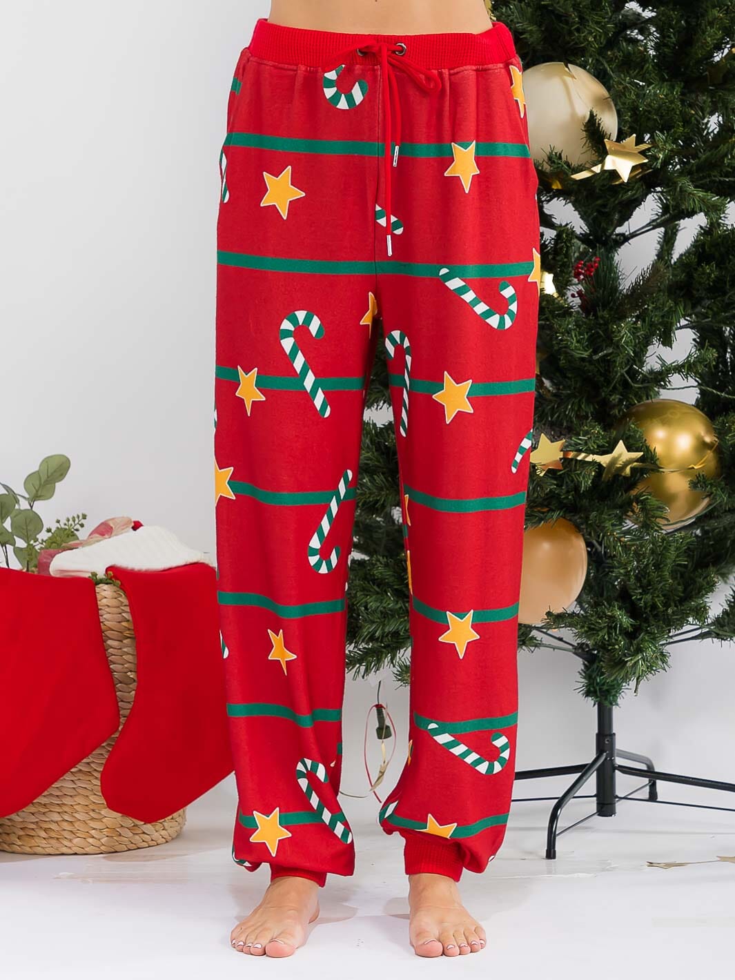 WOMEN'S ELASTIC WAIST FRONT POCKET SELF TIE HOLIDAY PRINT PANTS