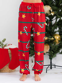 WOMEN'S ELASTIC WAIST FRONT POCKET SELF TIE HOLIDAY PRINT PANTS