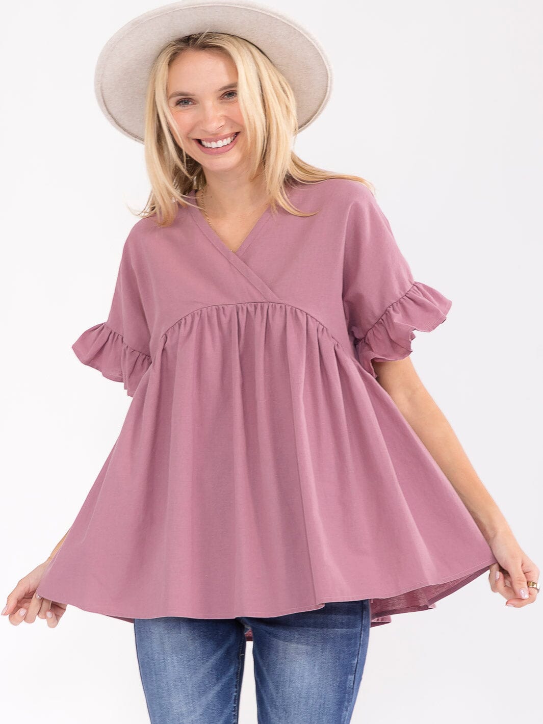 WOMEN'S SHORT SLEEVE SURPLICE TUNIC LINEN BLOUSE