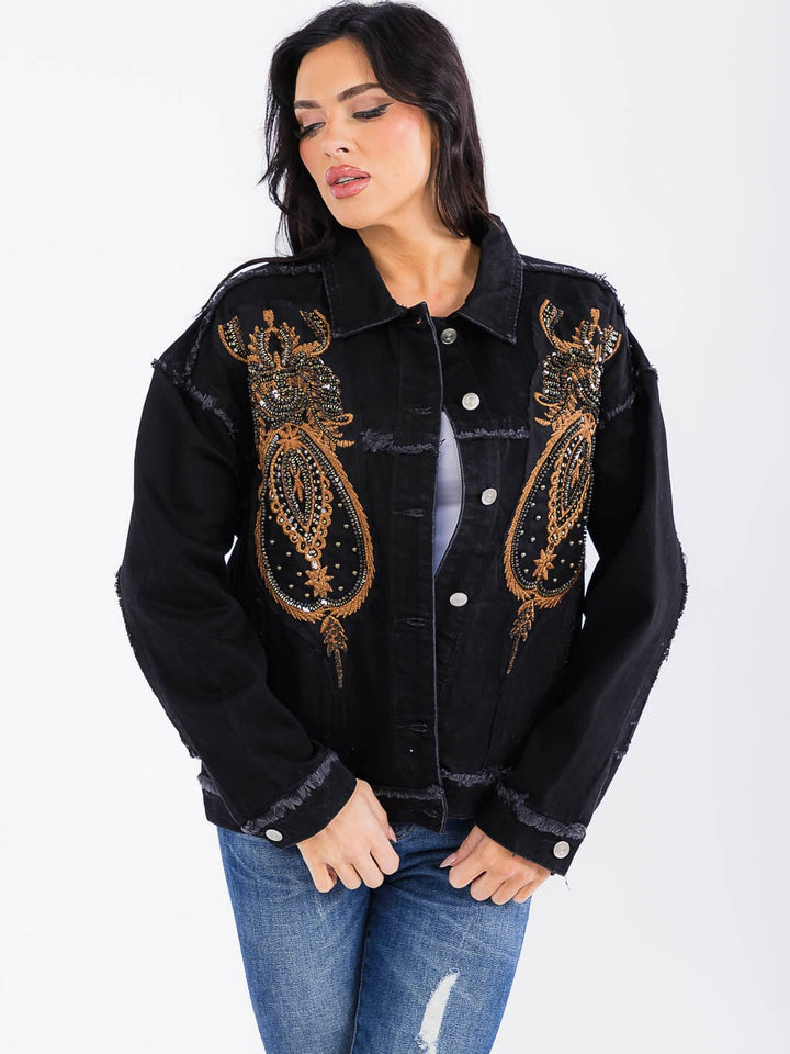 WOMEN'S LONG SLEEVE FRONT POCKETS BUTTON CLOSURE EMBROIDERY STUDS DENIM JACKET