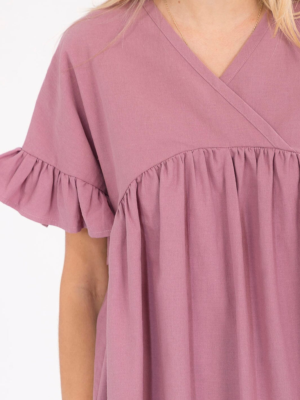 WOMEN'S SHORT SLEEVE SURPLICE TUNIC LINEN BLOUSE