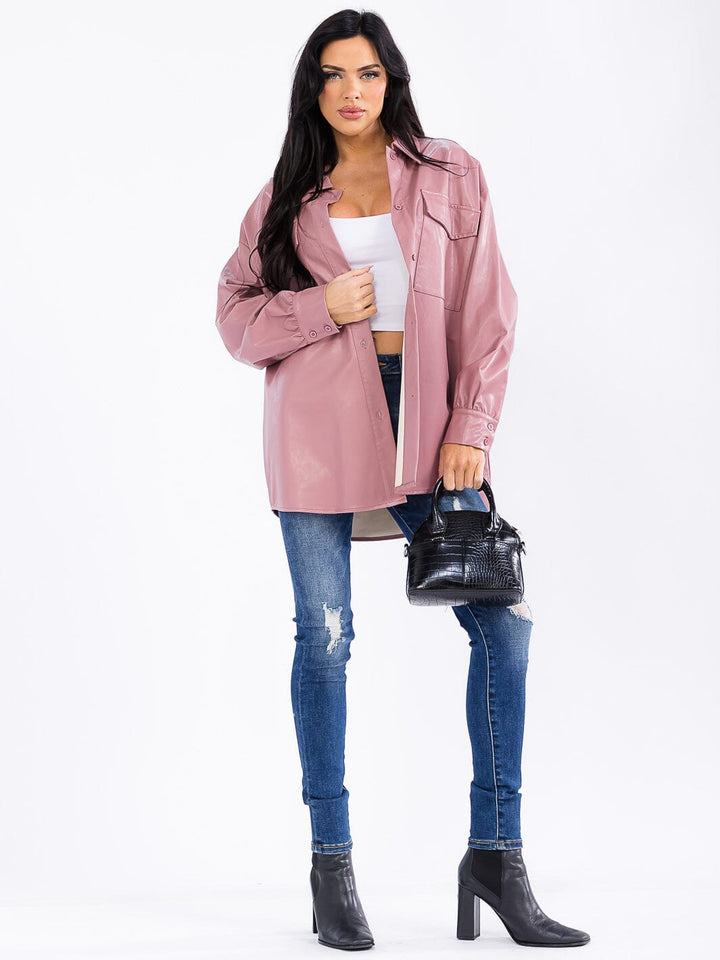 WOMEN'S LONG SLEEVE BUTTON CLOSURE FRONT POCKETS PU PLEATHER JACKET