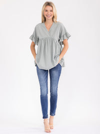 WOMEN'S SHORT SLEEVE SURPLICE TUNIC LINEN BLOUSE