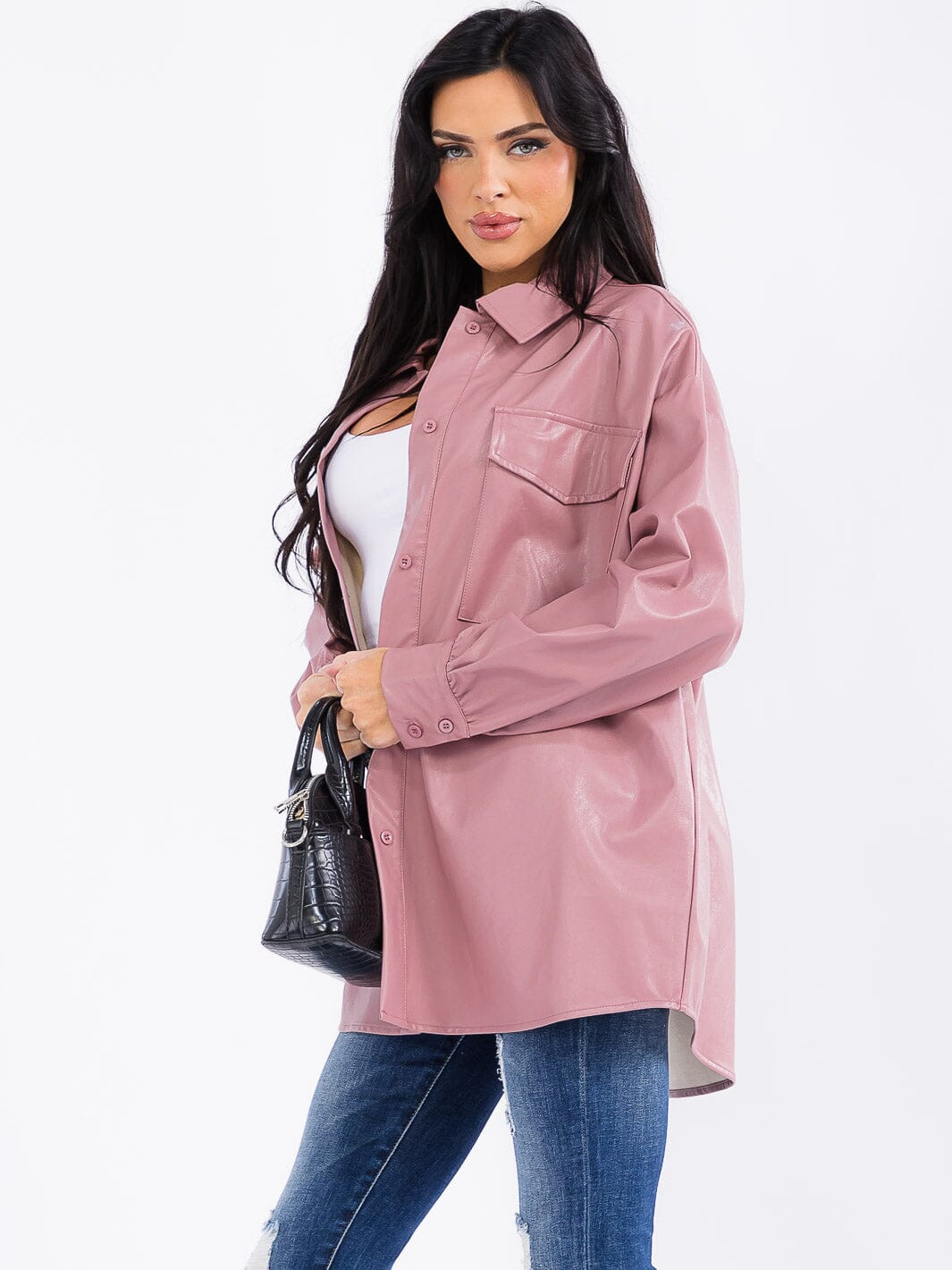 WOMEN'S LONG SLEEVE BUTTON CLOSURE FRONT POCKETS PU PLEATHER JACKET