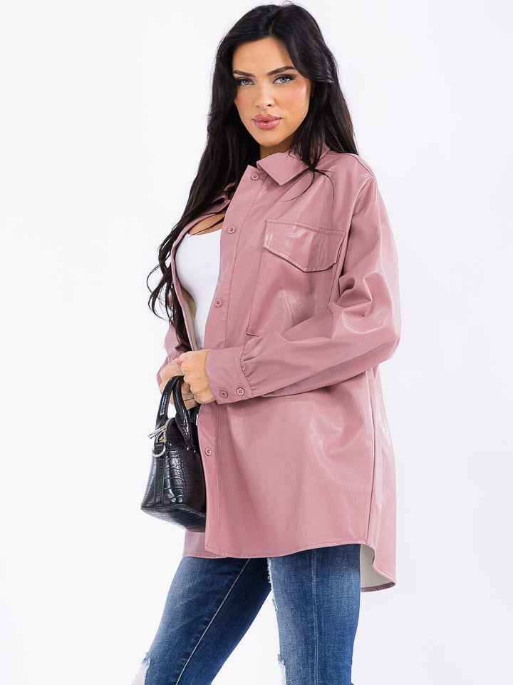 WOMEN'S LONG SLEEVE BUTTON CLOSURE FRONT POCKETS PU PLEATHER JACKET