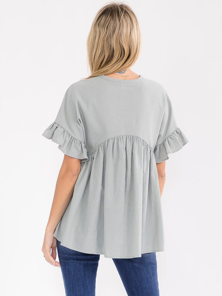 WOMEN'S SHORT SLEEVE SURPLICE TUNIC LINEN BLOUSE