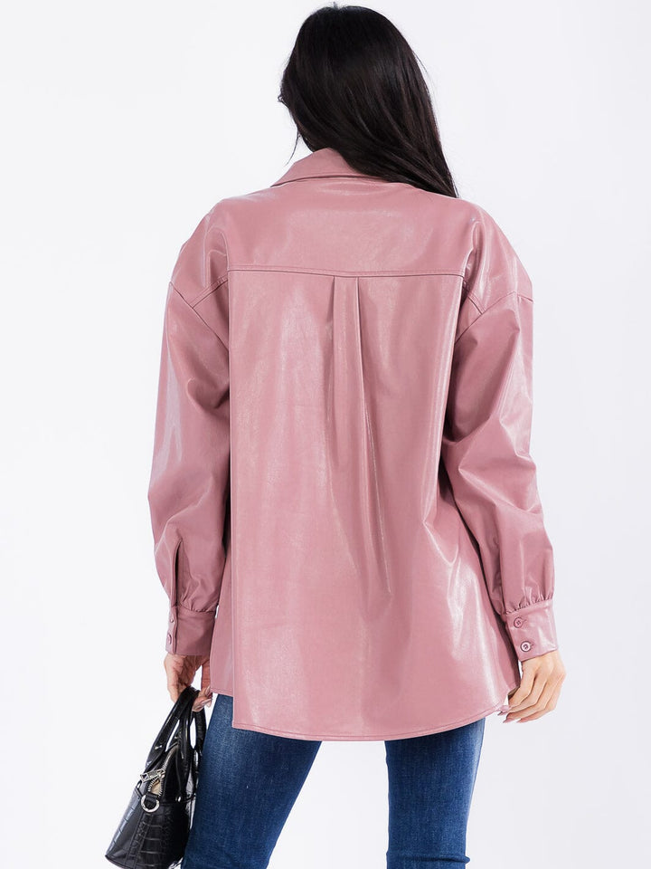 WOMEN'S LONG SLEEVE BUTTON CLOSURE FRONT POCKETS PU PLEATHER JACKET