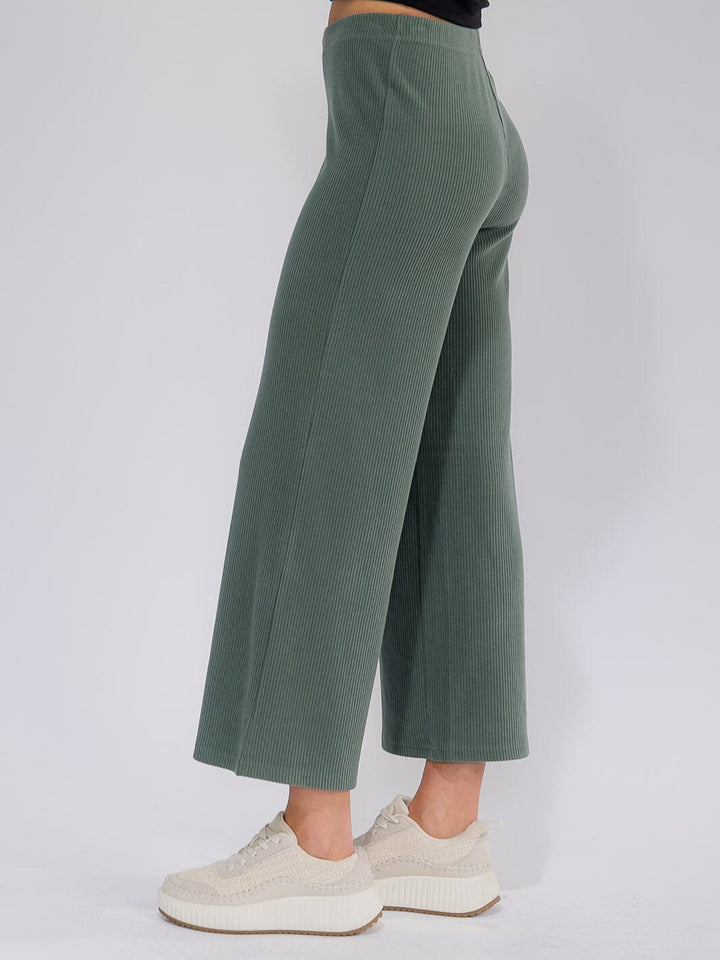 WOMEN'S ELASTIC WAIST RIBBED WIDE LEG CAPRI PANTS