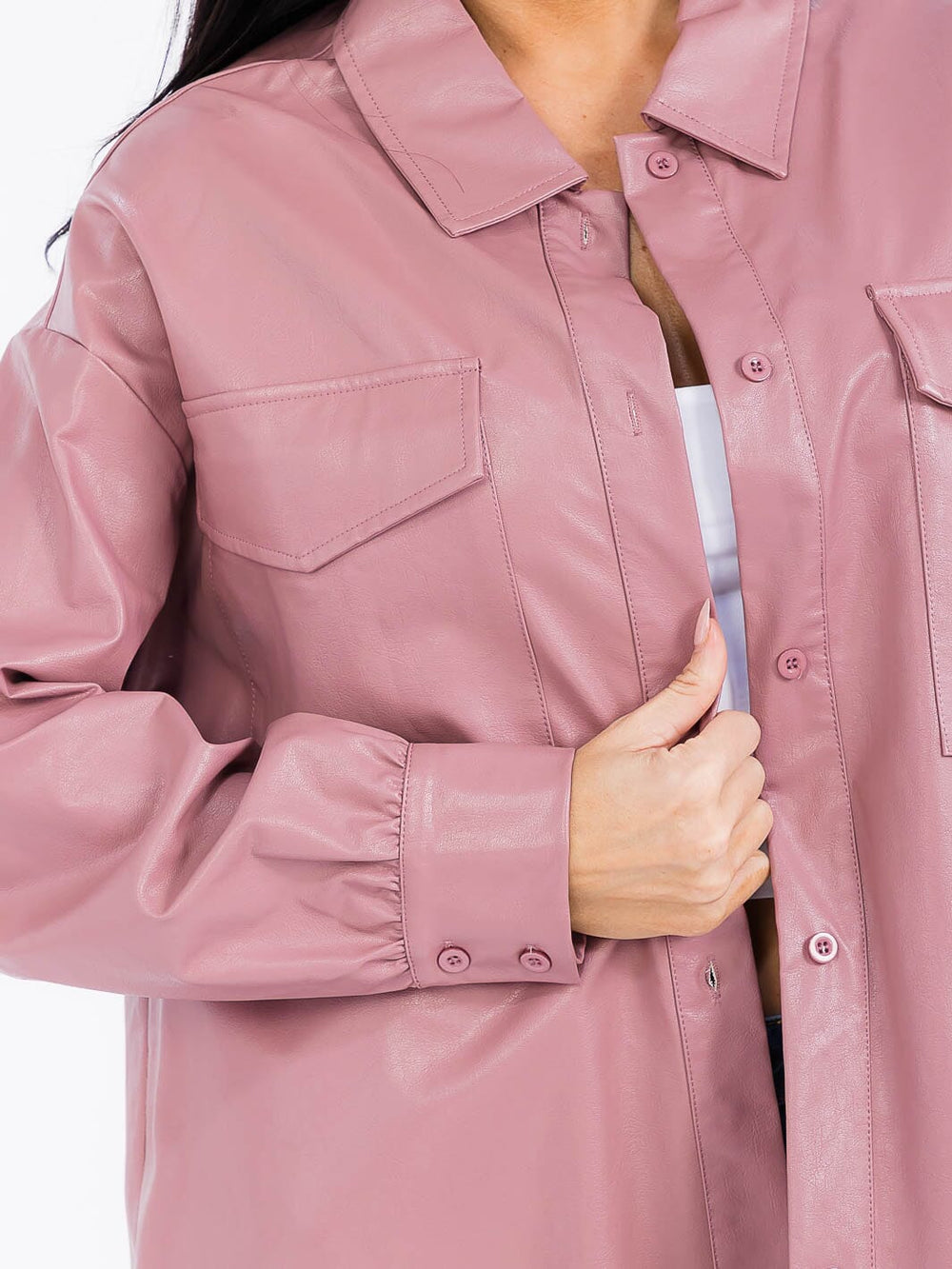 WOMEN'S LONG SLEEVE BUTTON CLOSURE FRONT POCKETS PU PLEATHER JACKET