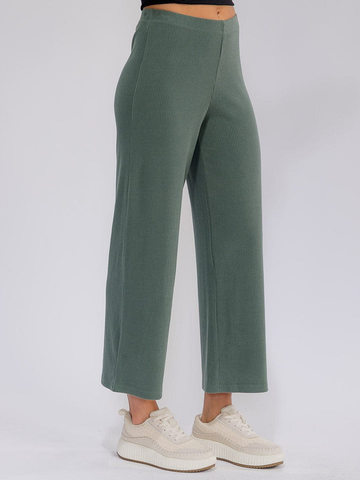 WOMEN'S ELASTIC WAIST RIBBED WIDE LEG CAPRI PANTS