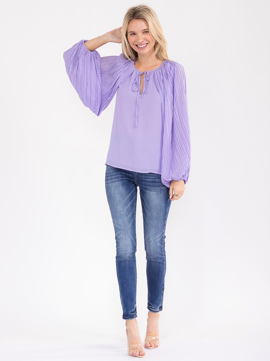 WOMEN'S LONG BALLOON SLEEVE V-NECK BLOUSE