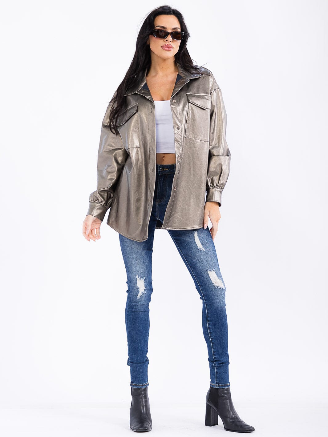 WOMEN'S LONG SLEEVE BUTTON CLOSURE FRONT POCKETS PU PLEATHER JACKET