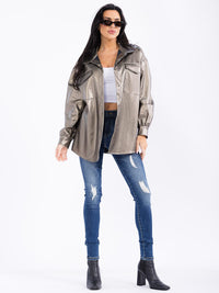 WOMEN'S LONG SLEEVE BUTTON CLOSURE FRONT POCKETS PU PLEATHER JACKET