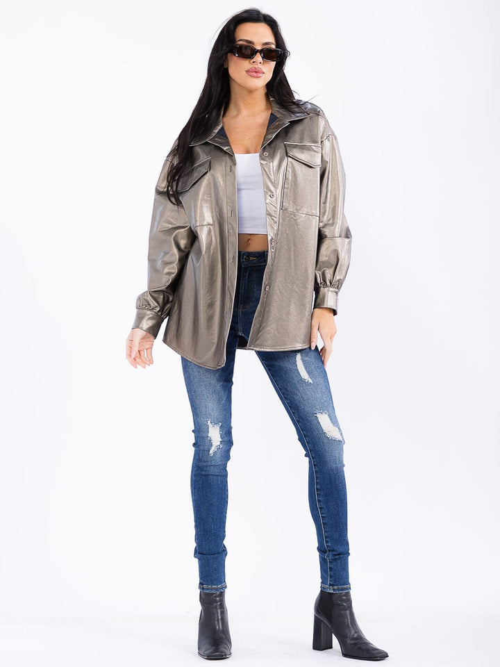 WOMEN'S LONG SLEEVE BUTTON CLOSURE FRONT POCKETS PU PLEATHER JACKET