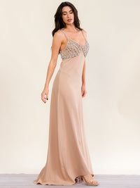 WOMEN'S SLEEVELESS V-NECK RHINESTONES DETAILED MAXI GOWN DRESS