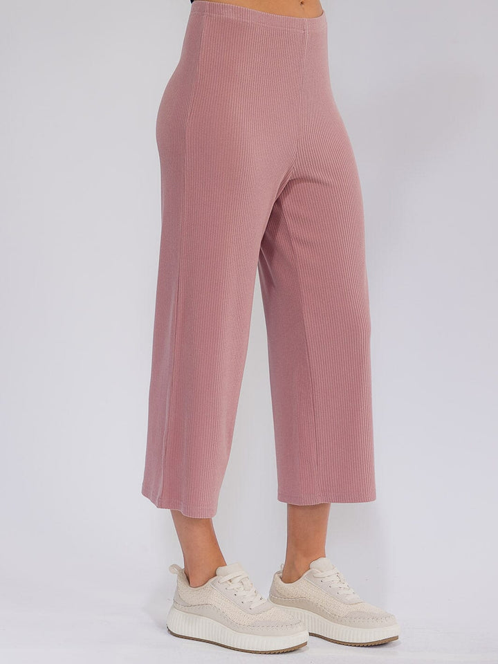 WOMEN'S ELASTIC WAIST RIBBED WIDE LEG CAPRI PANTS