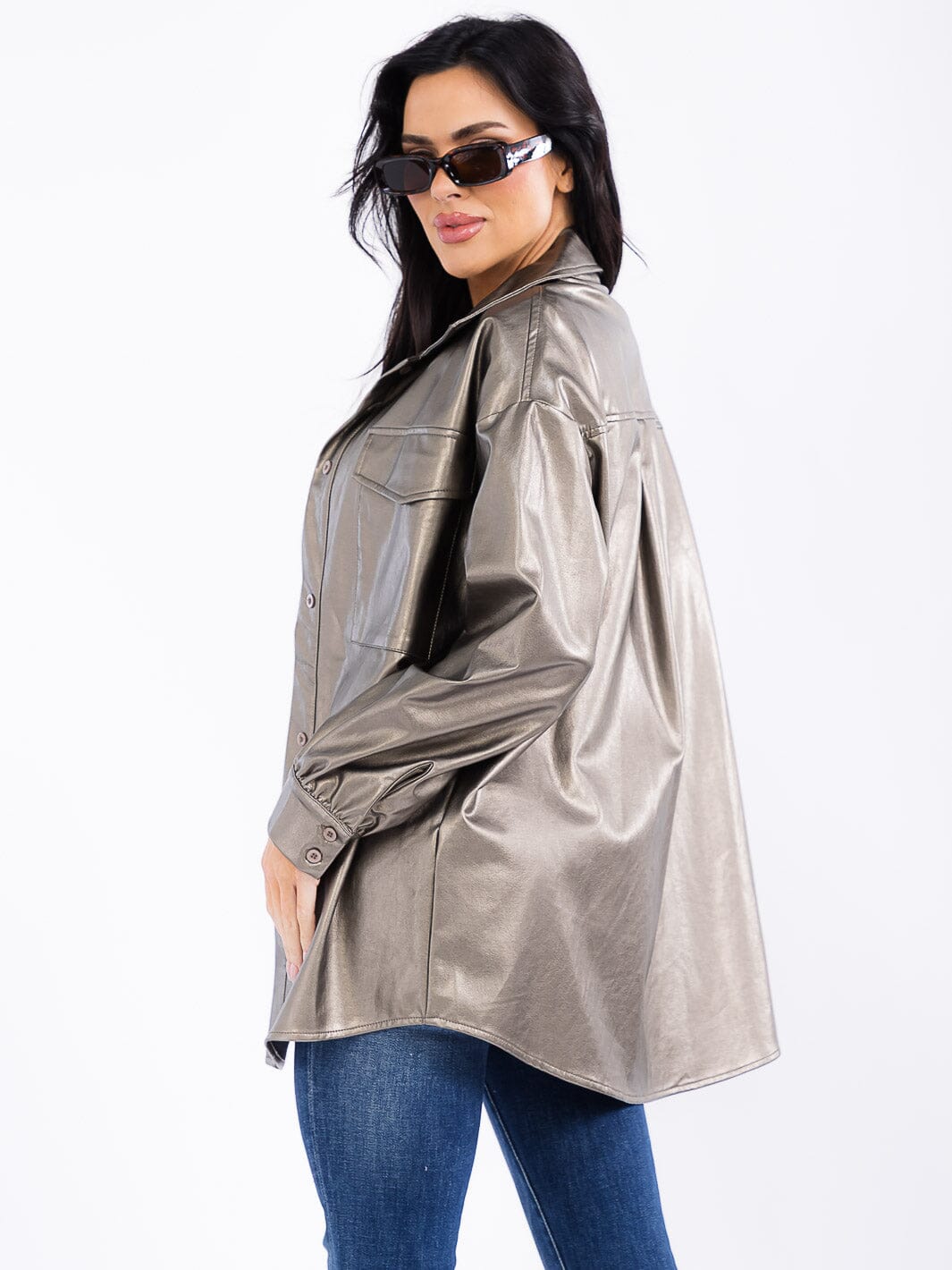 WOMEN'S LONG SLEEVE BUTTON CLOSURE FRONT POCKETS PU PLEATHER JACKET