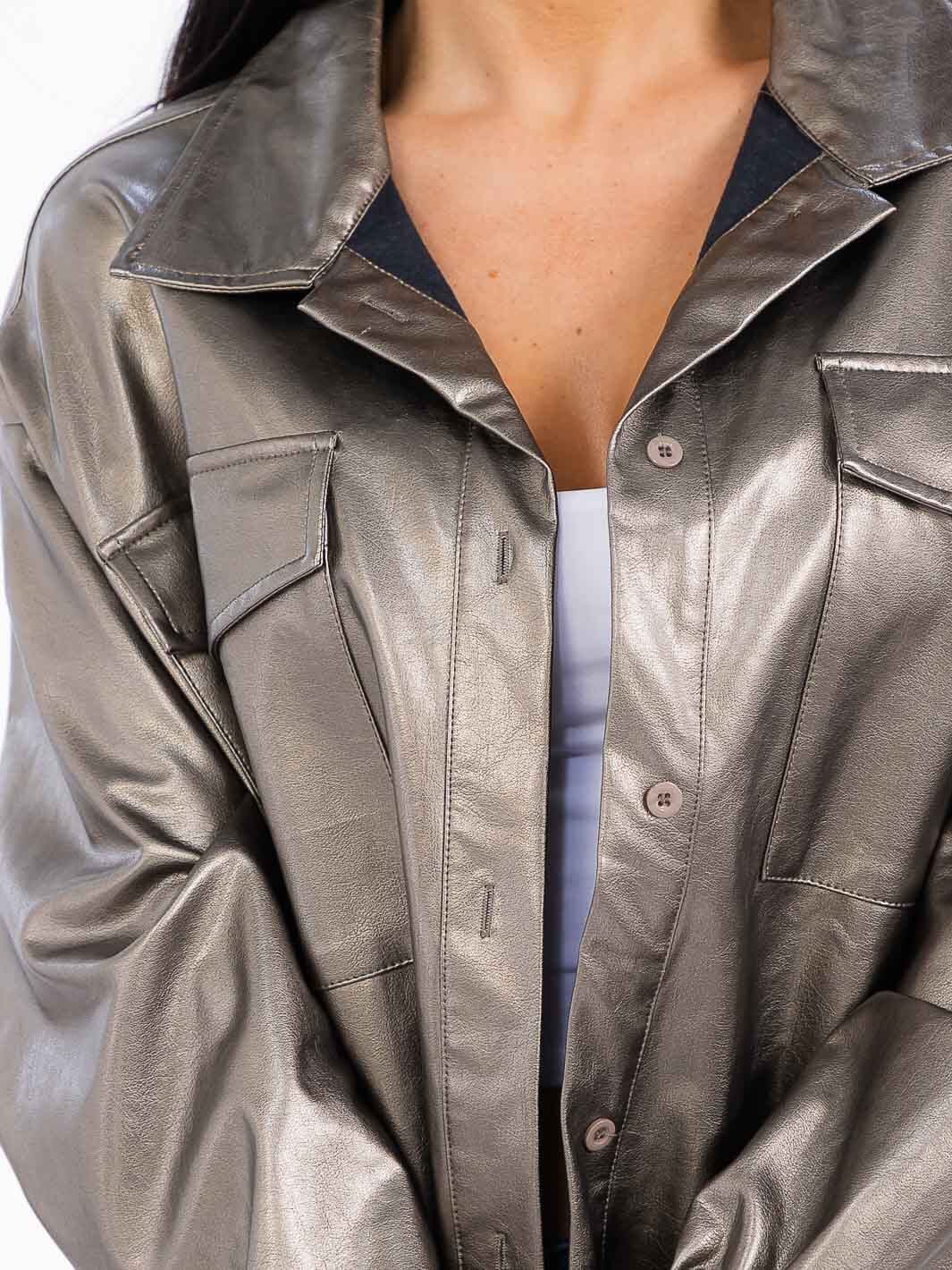 WOMEN'S LONG SLEEVE BUTTON CLOSURE FRONT POCKETS PU PLEATHER JACKET