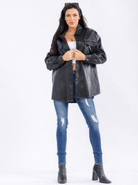 WOMEN'S LONG SLEEVE BUTTON CLOSURE FRONT POCKETS PU PLEATHER JACKET