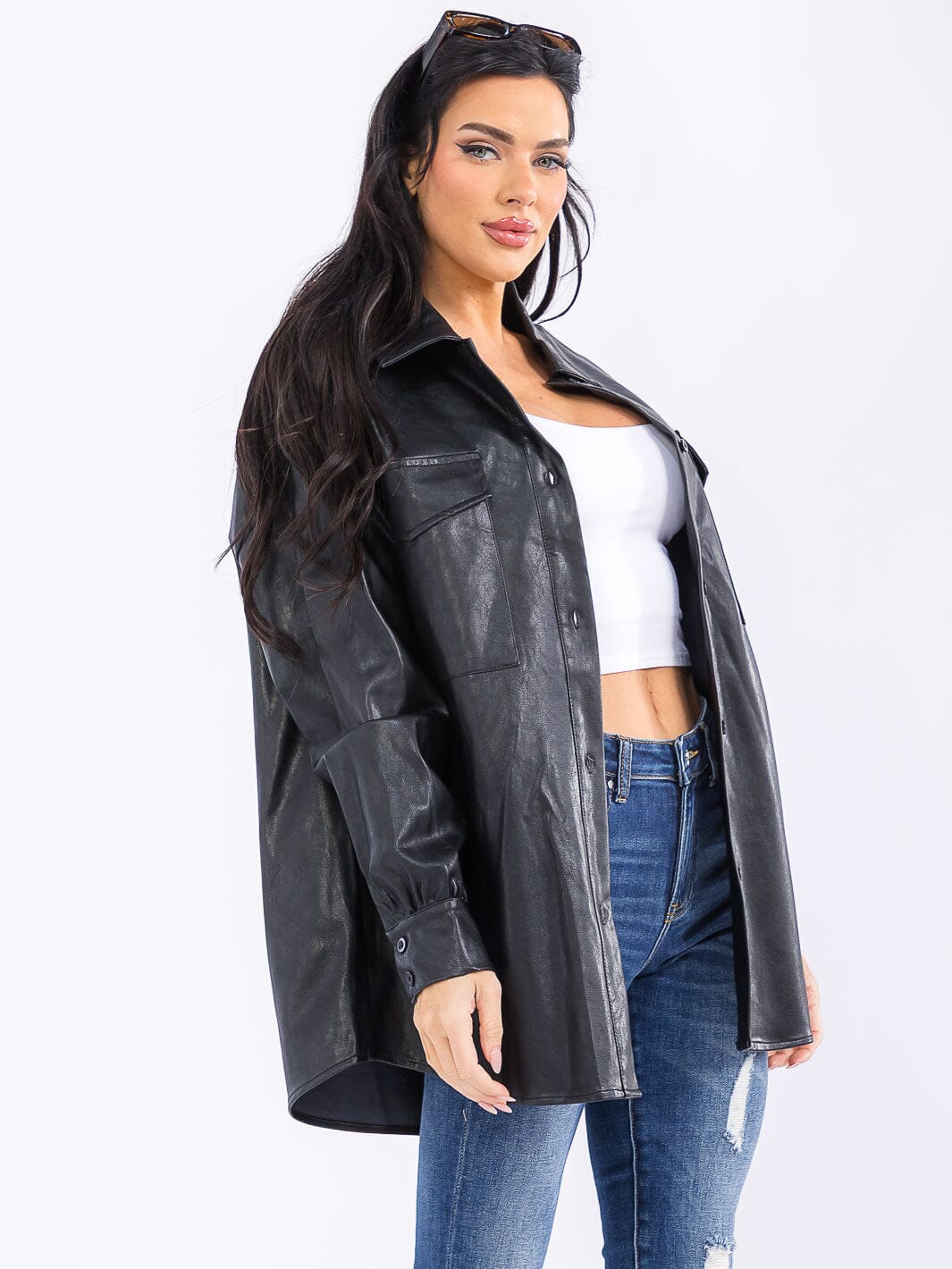 WOMEN'S LONG SLEEVE BUTTON CLOSURE FRONT POCKETS PU PLEATHER JACKET