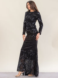 WOMEN'S LONG SLEEVE EMBELLISHED EMBROIDERY VELVET SEQUINS MAXI GOWN DRESS