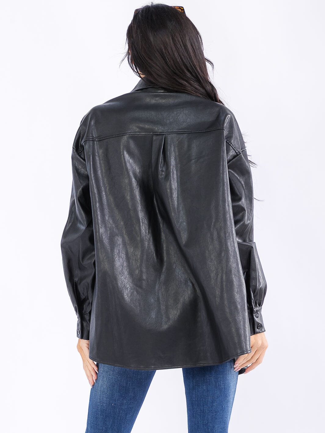 WOMEN'S LONG SLEEVE BUTTON CLOSURE FRONT POCKETS PU PLEATHER JACKET