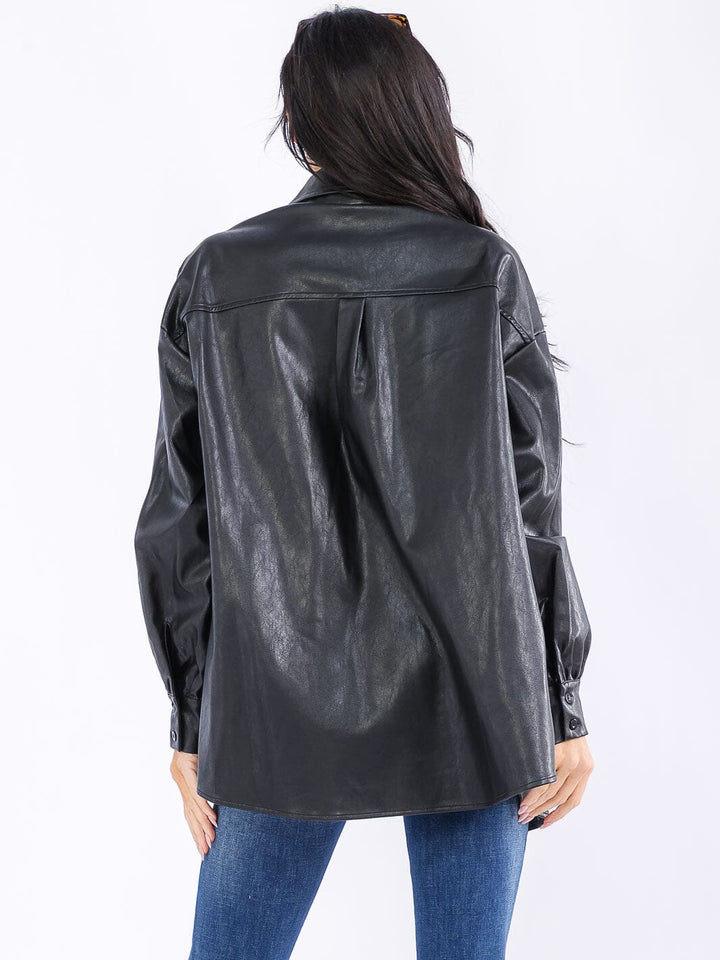 WOMEN'S LONG SLEEVE BUTTON CLOSURE FRONT POCKETS PU PLEATHER JACKET