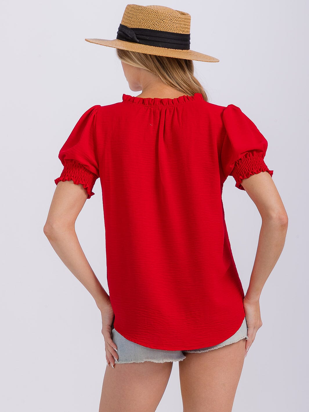 WOMEN'S SHORT PUFF SLEEVE V-NECK BLOUSE