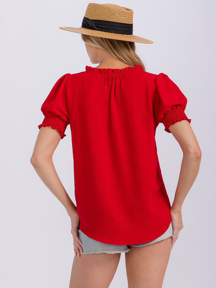 WOMEN'S SHORT PUFF SLEEVE V-NECK BLOUSE