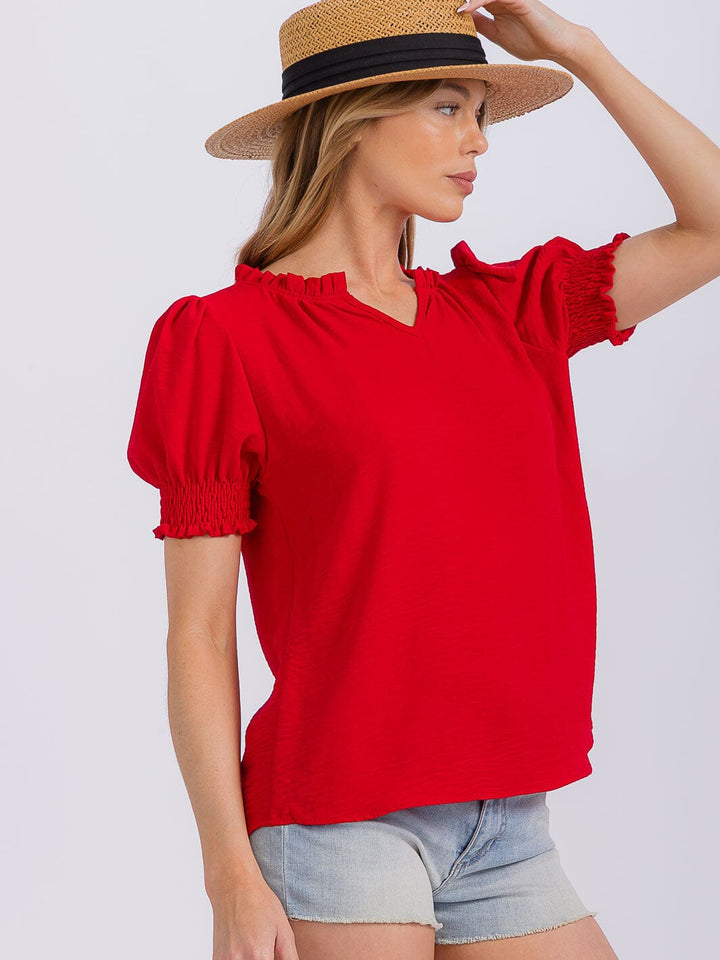 WOMEN'S SHORT PUFF SLEEVE V-NECK BLOUSE