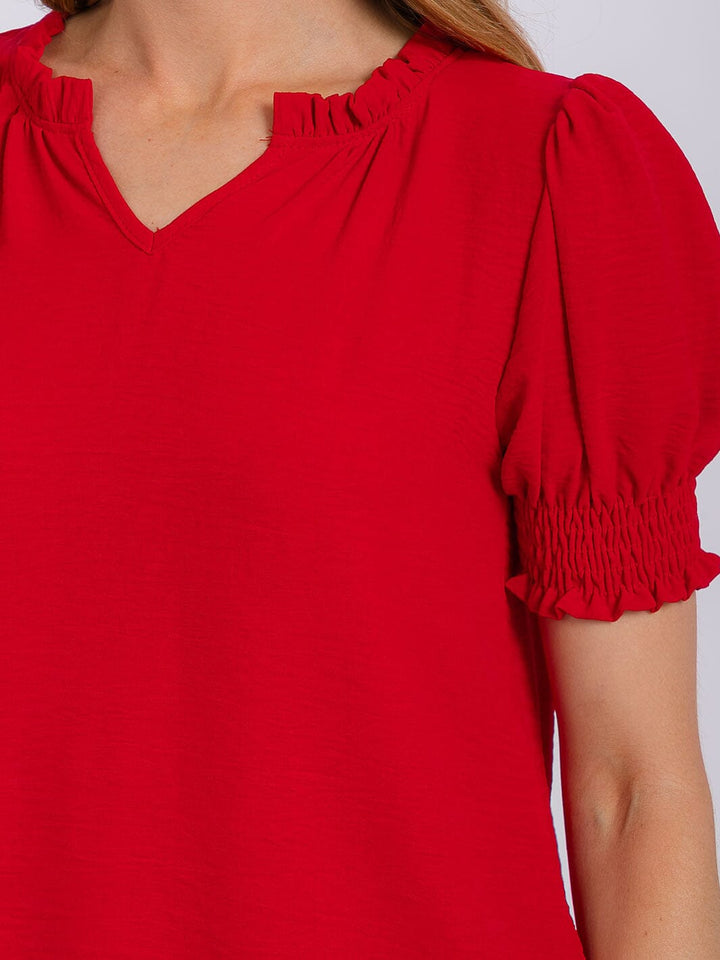 WOMEN'S SHORT PUFF SLEEVE V-NECK BLOUSE