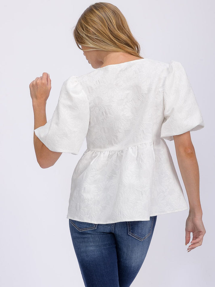 WOMEN'S SHORT PUFF SLEEVE V-NECK FLORAL DETAILED BLOUSE