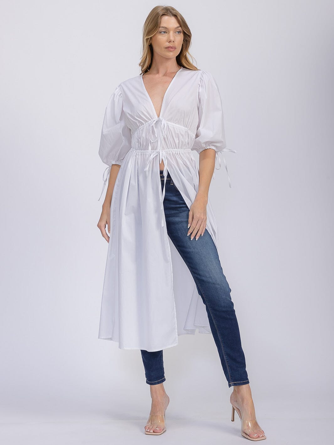 WOMEN'S SHORT PUFF SLEEVE V-NECK FRONT TIE SLIT CARDIGAN TOP