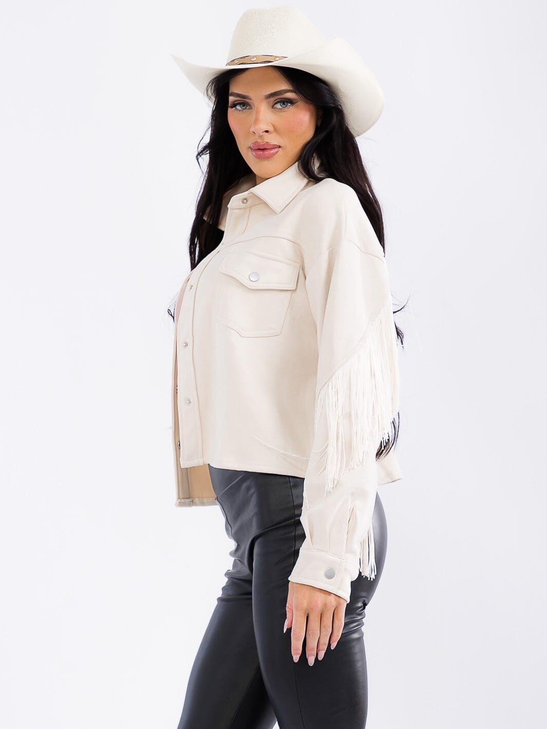 WOMEN'S LONG SLEEVE BUTTON CLOSURE POCKETS FRINGE JACKET