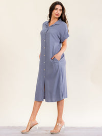 WOMEN'S SHORT SLEEVE V-NECK BUTTON UP FRONT POCKETS LINEN MIDI DRESS