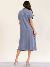 WOMEN'S SHORT SLEEVE V-NECK BUTTON UP FRONT POCKETS LINEN MIDI DRESS