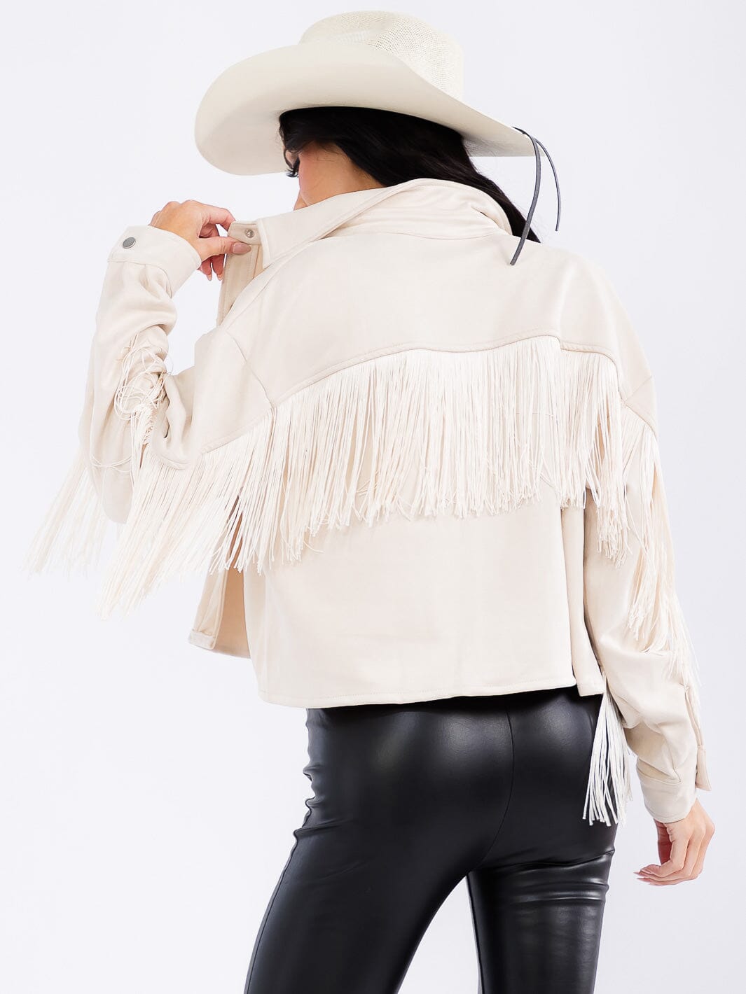 WOMEN'S LONG SLEEVE BUTTON CLOSURE POCKETS FRINGE JACKET
