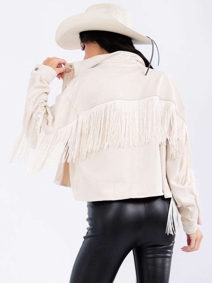 WOMEN'S LONG SLEEVE BUTTON CLOSURE POCKETS FRINGE JACKET