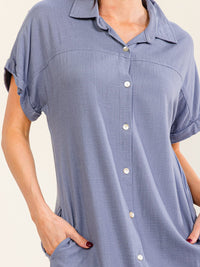 WOMEN'S SHORT SLEEVE V-NECK BUTTON UP FRONT POCKETS LINEN MIDI DRESS