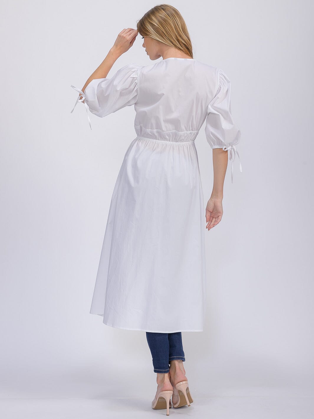 WOMEN'S SHORT PUFF SLEEVE V-NECK FRONT TIE SLIT CARDIGAN TOP