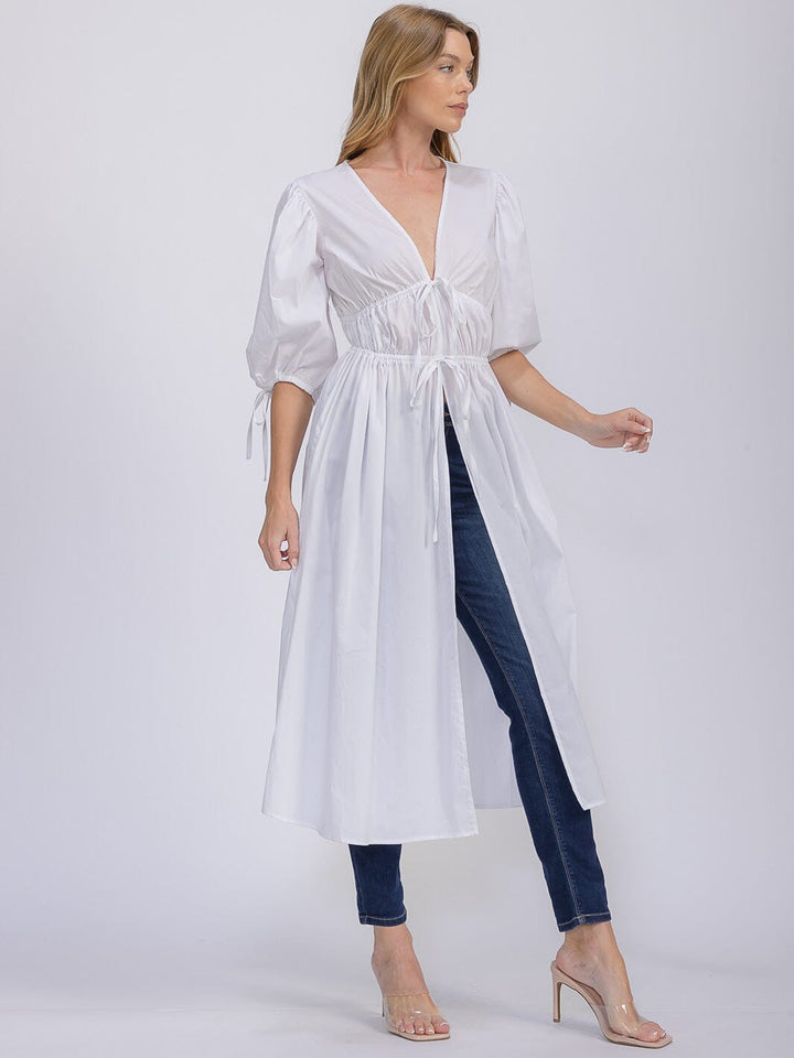 WOMEN'S SHORT PUFF SLEEVE V-NECK FRONT TIE SLIT CARDIGAN TOP